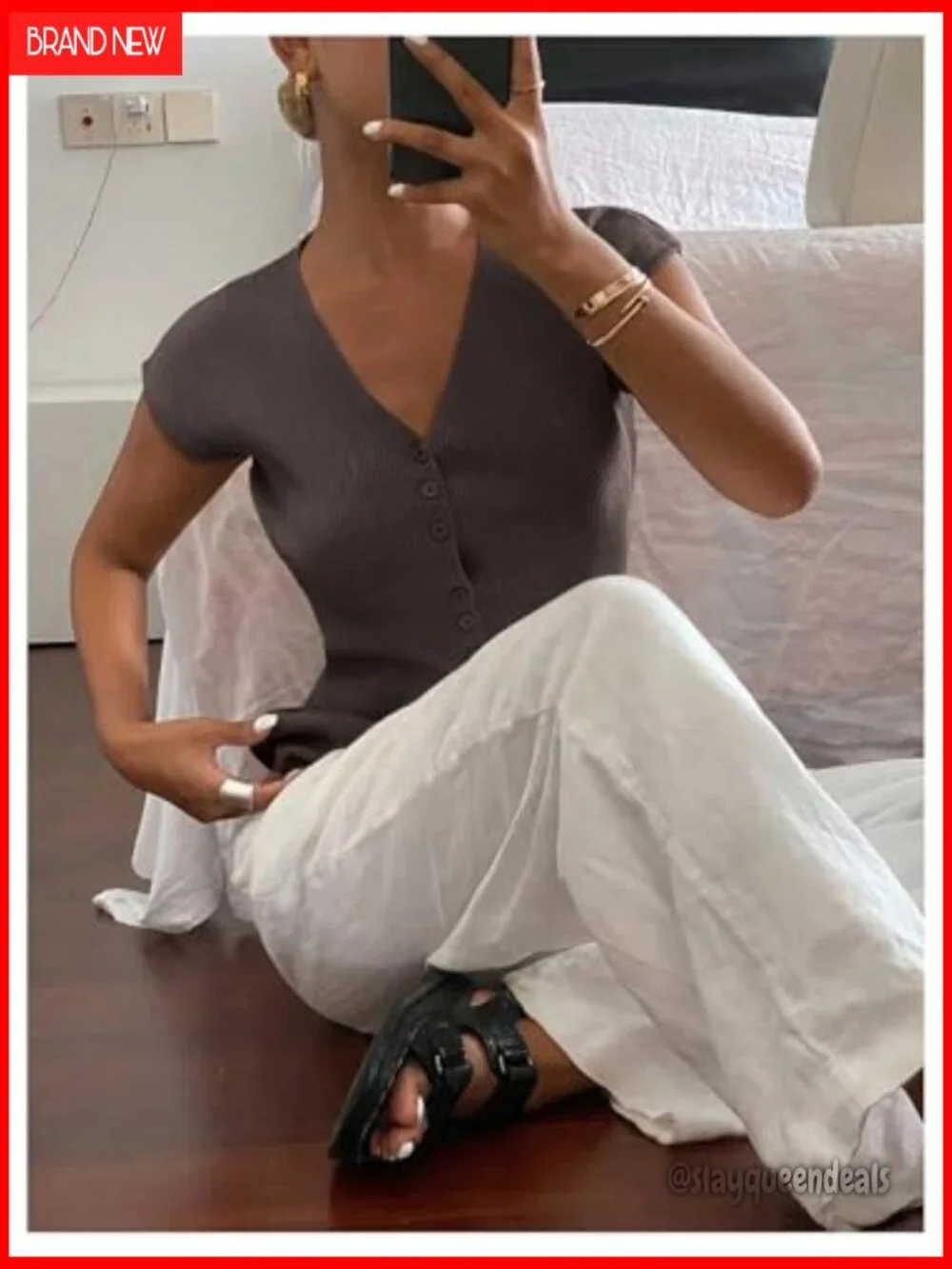 Button Down V Neck Cap Sleeve Ribbed Knit Tops - Picture 5 of 5